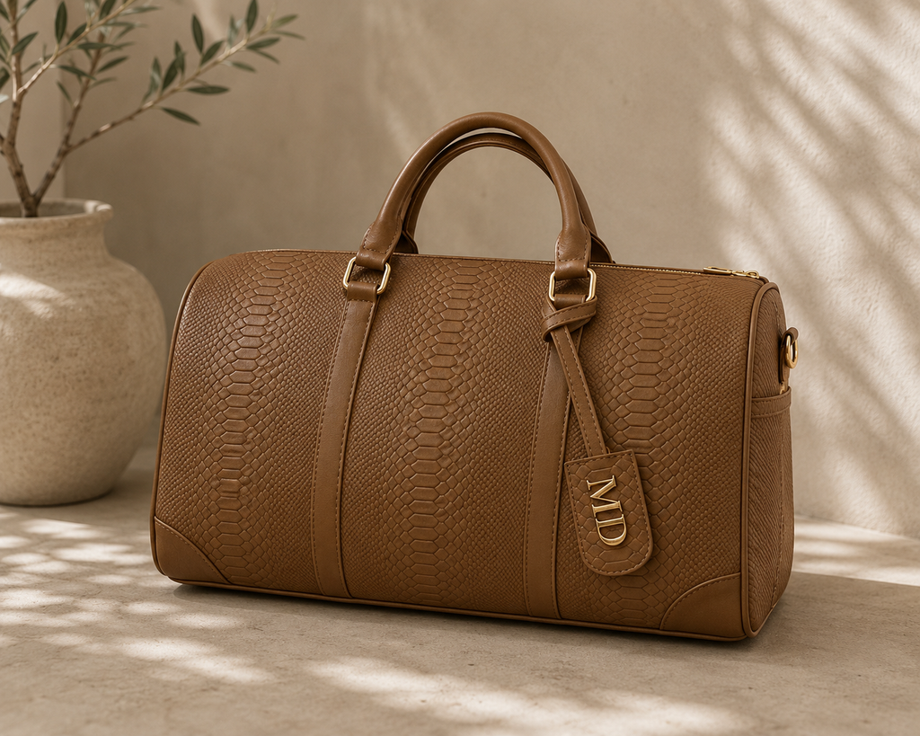 TRAVEL BAG - CAMEL PITÓN - HERRAJE DORADO